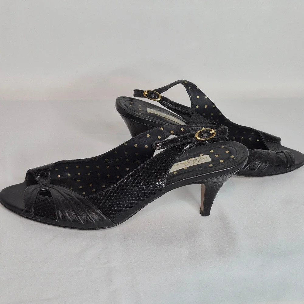 Lulu Guinness Black Snakeskin Leather Slingback Peep Toe Kitten Heels Spain 39
